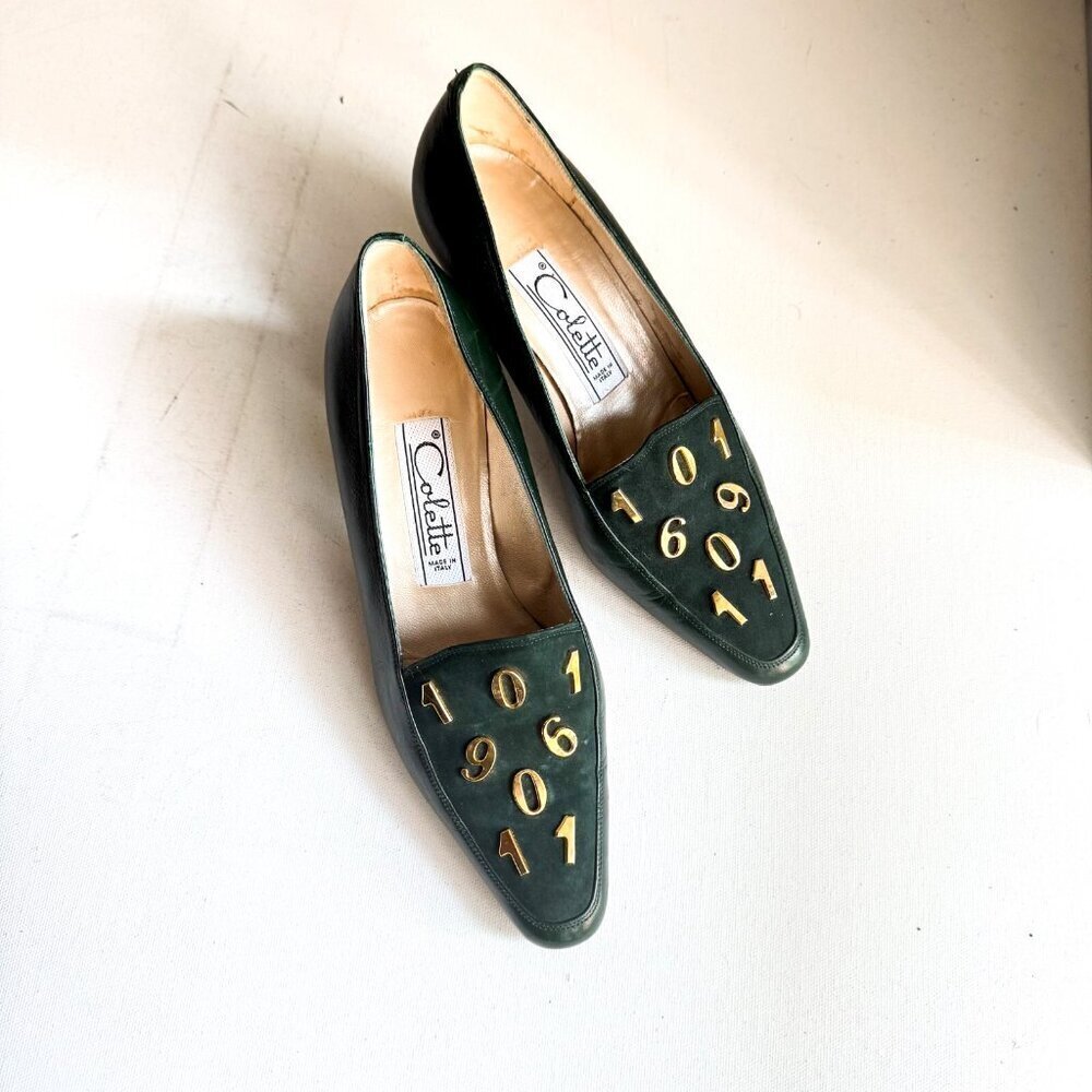 Vintage Colette Dark Forest Green Numbers Detail Kitten Heel Suede Heels 35.5